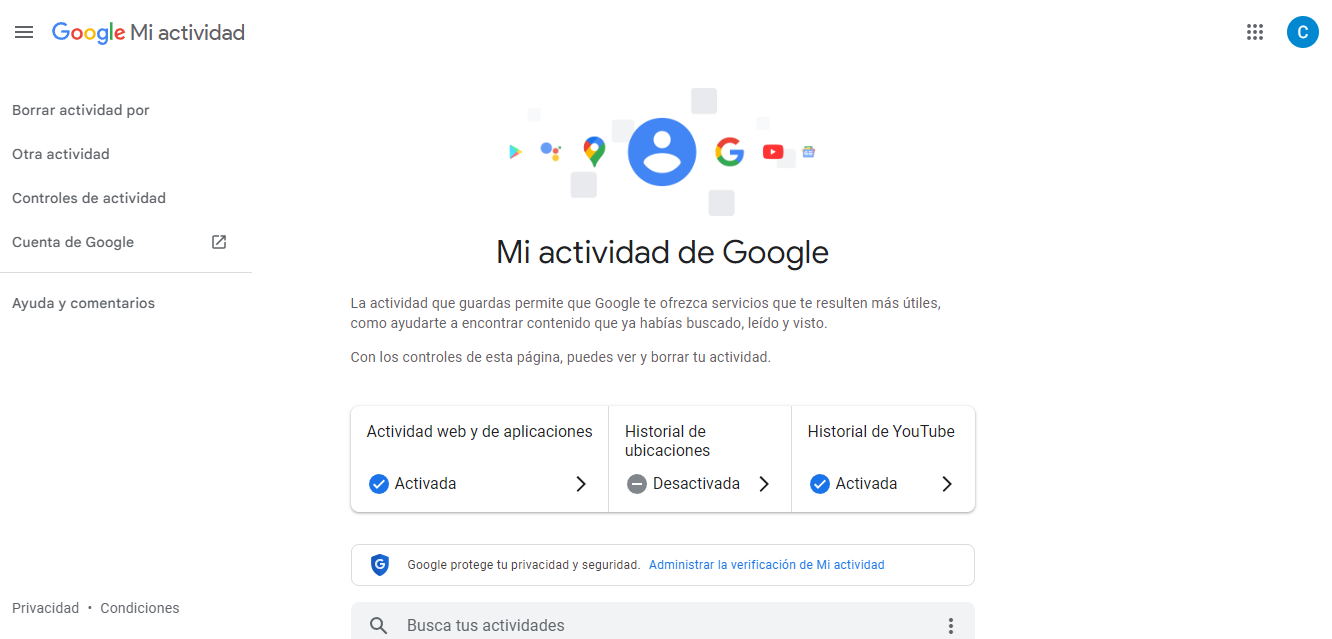 Mi actividad opción para borrar datos personales en Google